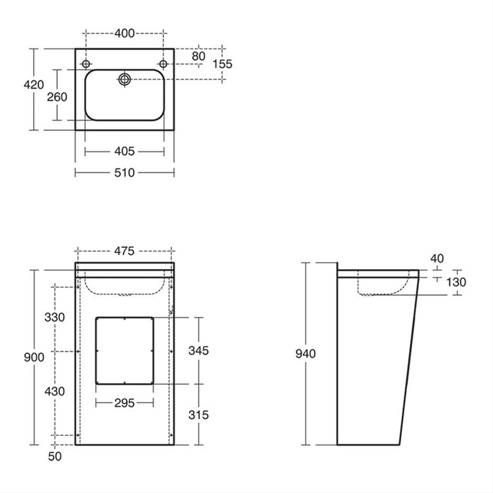 Armitage Shanks Denholm (New) 51cm stainless steel washbasin and full shroud complete with 2 corner tapholes, combined chainstay and overflow waste - Unbeatable Bathrooms