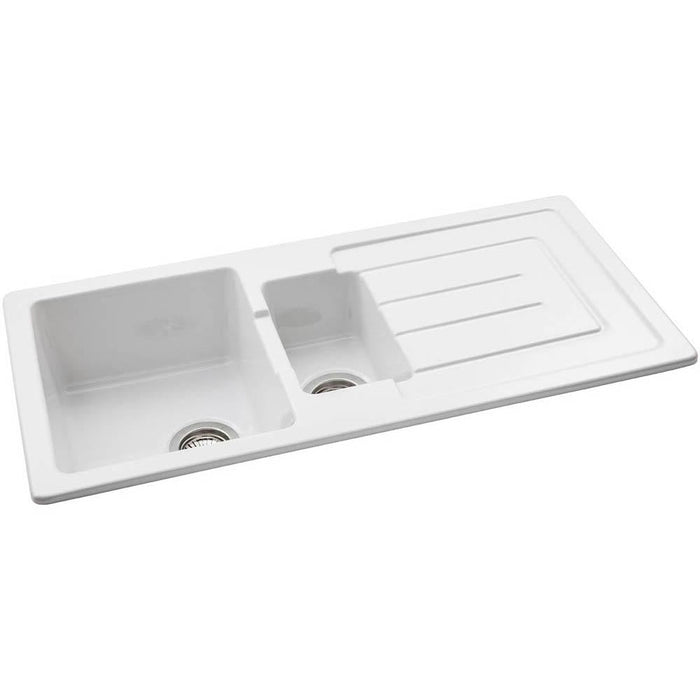 Abode Acton 1.5 Bowel & Drainer Ceramic Inset Sink - White - Unbeatable Bathrooms