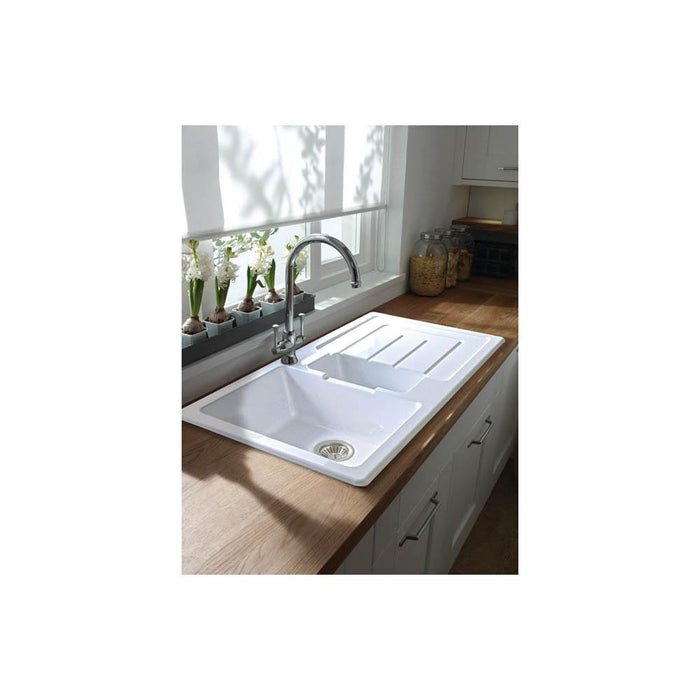 Abode Acton 1.5 Bowel & Drainer Ceramic Inset Sink - White - Unbeatable Bathrooms