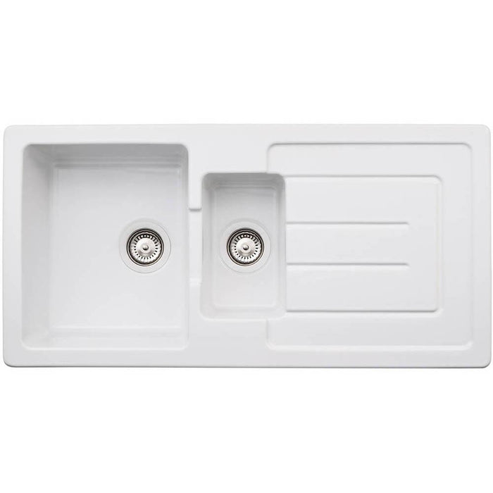 Abode Acton 1.5 Bowel & Drainer Ceramic Inset Sink - White - Unbeatable Bathrooms
