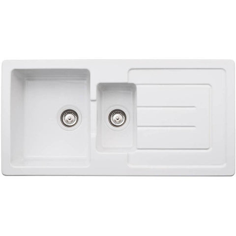 Abode Acton 1.5 Bowel & Drainer Ceramic Inset Sink - White - Unbeatable Bathrooms