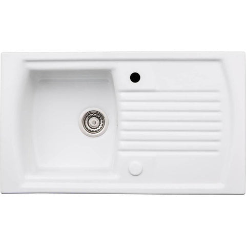 Abode Milford 1 Bowel & Drainer Ceramic Inset Sink - White - Unbeatable Bathrooms