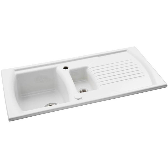 Abode Milford 1.5 Bowel & Drainer Ceramic Inset Sink - White - Unbeatable Bathrooms