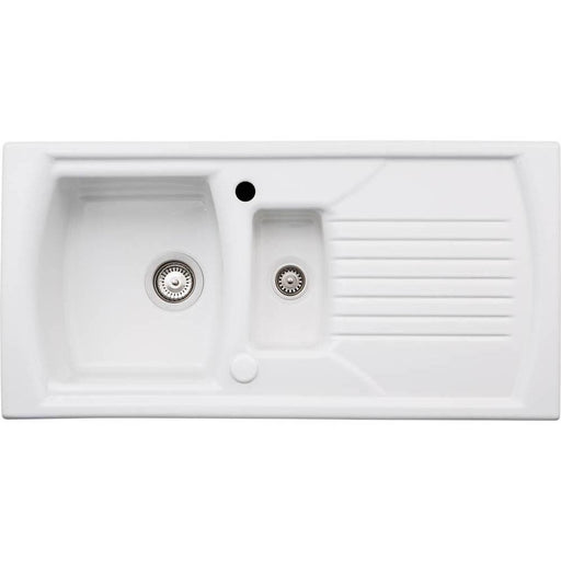 Abode Milford 1.5 Bowel & Drainer Ceramic Inset Sink - White - Unbeatable Bathrooms