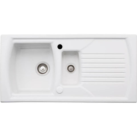 Abode Milford 1.5 Bowel & Drainer Ceramic Inset Sink - White - Unbeatable Bathrooms