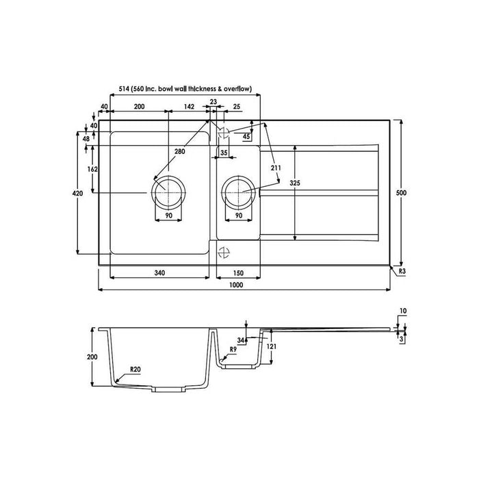 Abode Zero 1.5 Bowel & Drainer Granite Inset Sink - Unbeatable Bathrooms