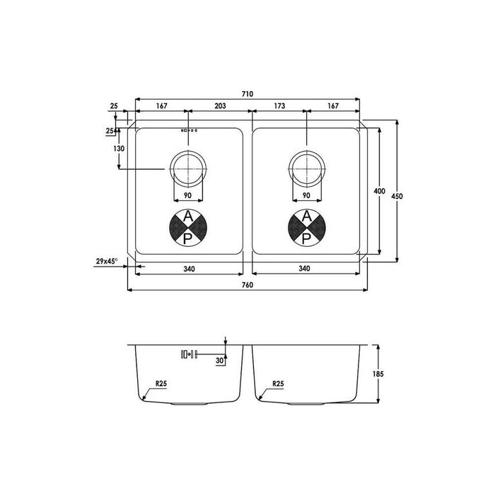 Abode Matrix R25 2 Bowel Undermount Sink - Stainless Steel - Unbeatable Bathrooms