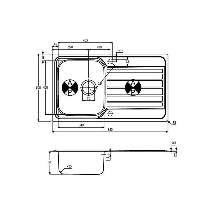 Abode Connekt Flushfit 1 Bowel & Drainer Inset Sink - Stainless Steel - Unbeatable Bathrooms
