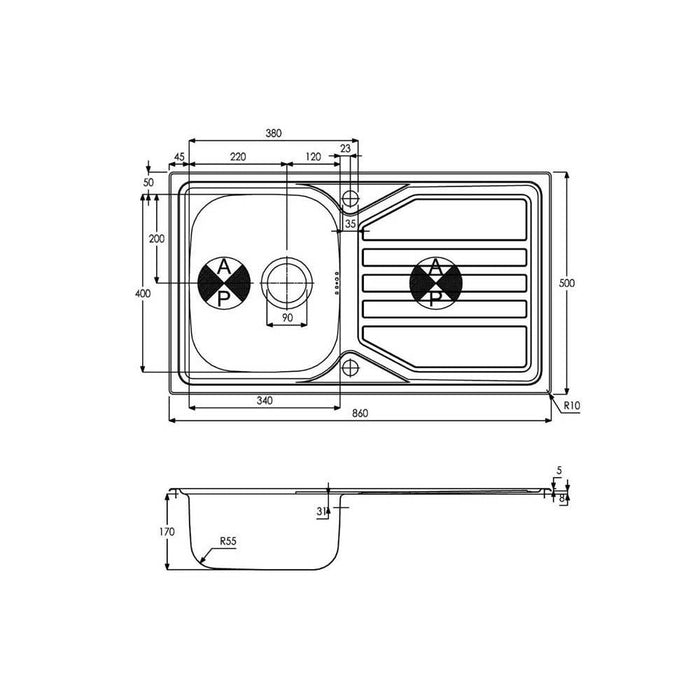 Abode Mikro 1 Bowel & Drainer Inset Sink (Boxed inc. waste) - Stainless Steel - Unbeatable Bathrooms