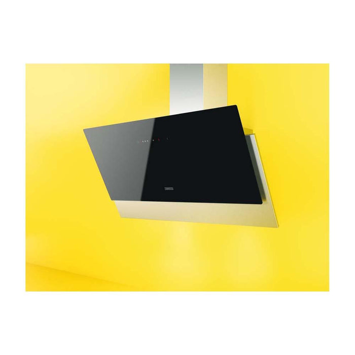 Zanussi Angled Stainless Steel and Black Glass Chimney Hood - Unbeatable Bathrooms