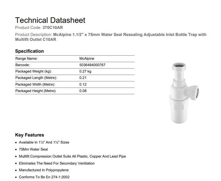 McAlpine C10AR 1½" x 75mm Water Seal Resealing Adjustable Inlet Bottle Trap With Multifit Outlet - Unbeatable Bathrooms
