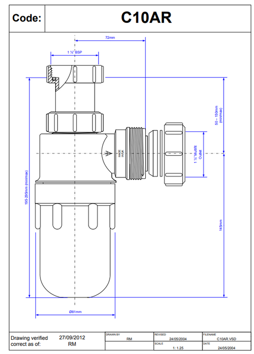 McAlpine C10AR 1½" x 75mm Water Seal Resealing Adjustable Inlet Bottle Trap With Multifit Outlet - Unbeatable Bathrooms