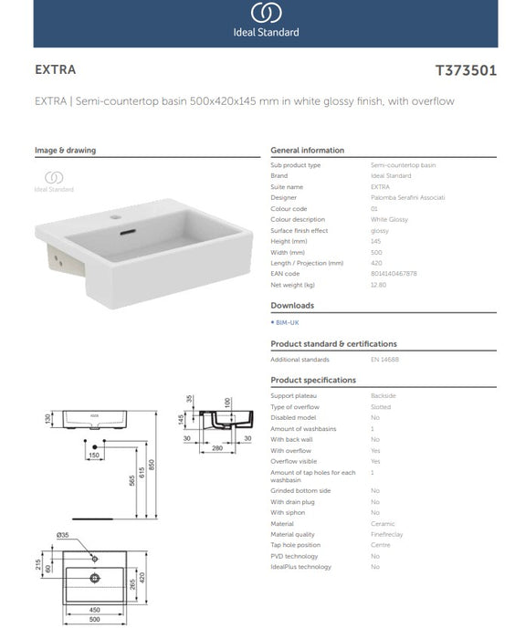 Sottini Magra / Ideal Standard Extra 500mm 1TH Semi-Countertop Basin - Unbeatable Bathrooms
