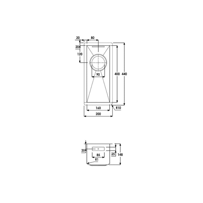 Abode Matrix R0 160mm Square 0.5B Undermount Sink - St/Steel - Unbeatable Bathrooms