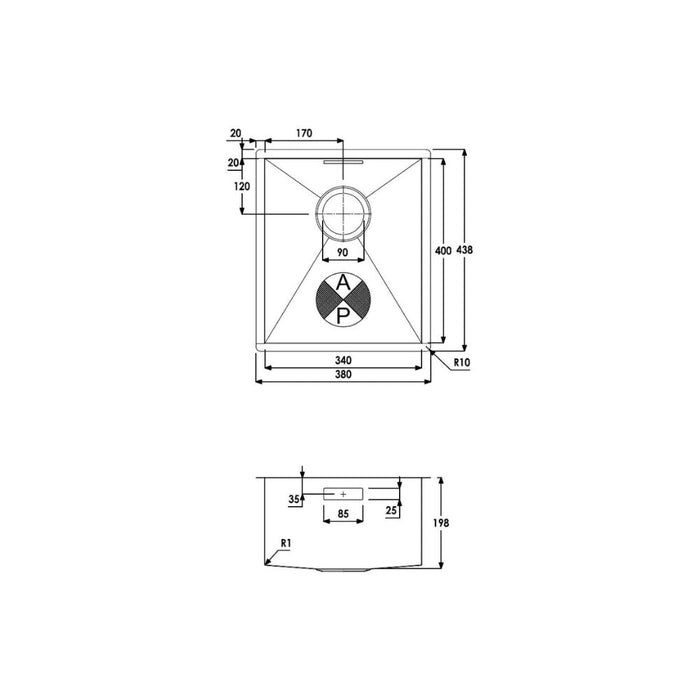 Abode Matrix R0 340mm Square 1B Undermount Sink - St/Steel - Unbeatable Bathrooms