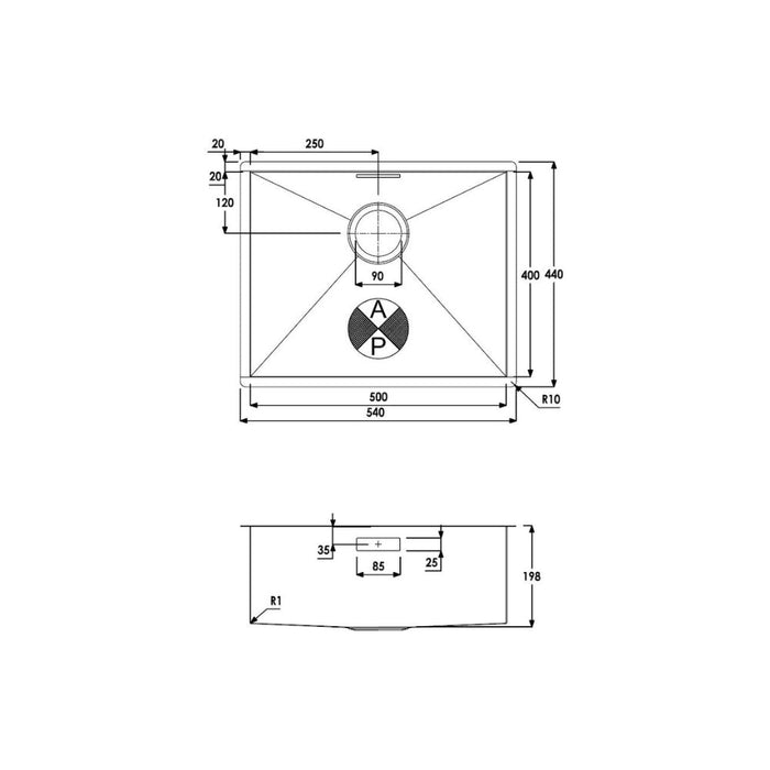 Abode Matrix R0 500mm 1B Undermount Sink - St/Steel - Unbeatable Bathrooms