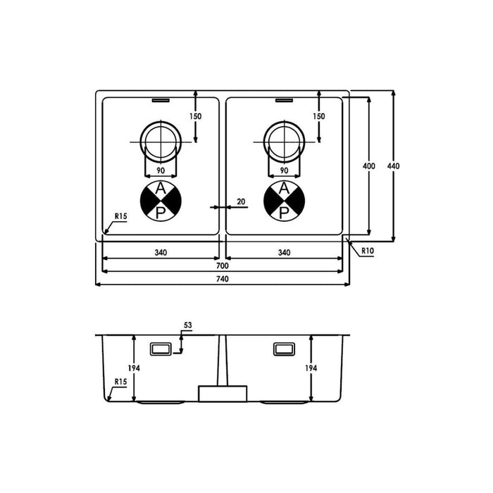 Abode Matrix R15 2B 700mm Undermount/Inset Sink - St/Steel - Unbeatable Bathrooms