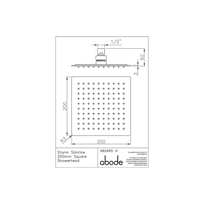 Abode Storm Slimline 200x200x3mm Square Showerhead - St/Steel - Unbeatable Bathrooms