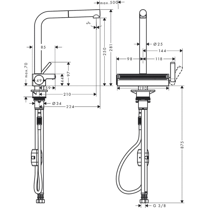 Hansgrohe Aquno Select M81 Single Lever Kitchen Mixer 250, Pull-Out Spout, 2 Spray Modes - Unbeatable Bathrooms