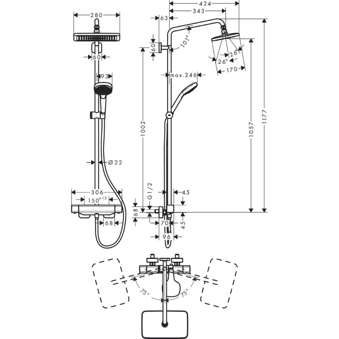 Hansgrohe Croma E Showerpipe 280 1Jet with Thermostat - Chrome - Unbeatable Bathrooms