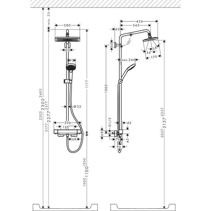 Hansgrohe Croma E Showerpipe 280 1Jet Ecosmart 9 L/Min with Thermostat - Chrome - Unbeatable Bathrooms