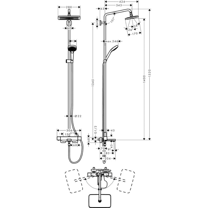 Hansgrohe Croma E Showerpipe 280 1Jet with Bath Thermostat - Chrome - Unbeatable Bathrooms