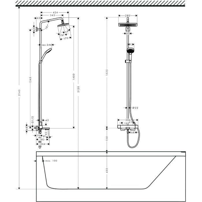 Hansgrohe Croma E Showerpipe 280 1Jet with Bath Thermostat - Chrome - Unbeatable Bathrooms