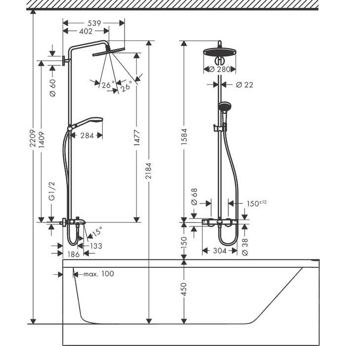 Hansgrohe Croma Select S Showerpipe 280 1Jet with Thermostatic Bath Mixer - Chrome - Unbeatable Bathrooms