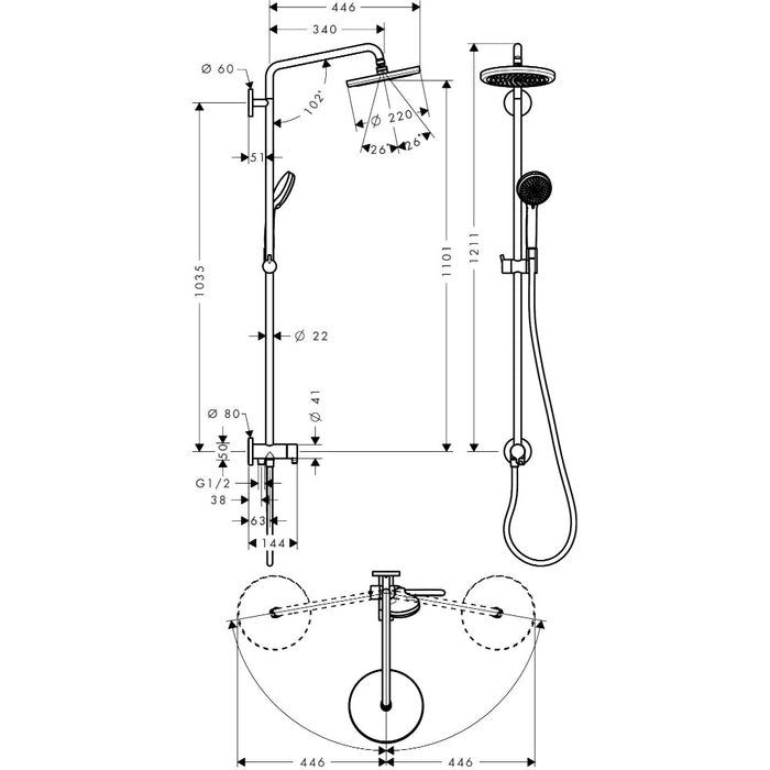 Hansgrohe Croma Showerpipe 220 1Jet Reno - Chrome - Unbeatable Bathrooms