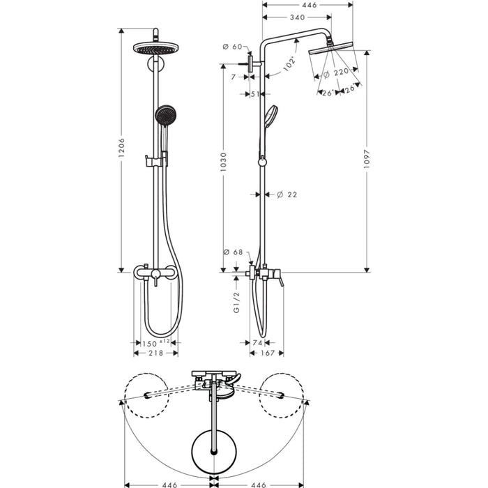 Hansgrohe Croma Showerpipe 220 1Jet with Manual Shower Mixer - Chrome - Unbeatable Bathrooms