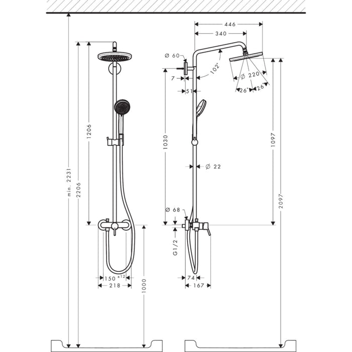 Hansgrohe Croma Showerpipe 220 1Jet with Manual Shower Mixer - Chrome - Unbeatable Bathrooms