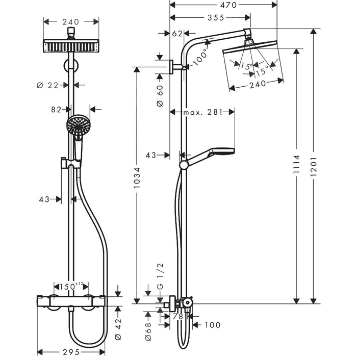Hansgrohe Crometta E Showerpipe 240 1Jet Ecosmart with Thermostatic Shower Mixer - Chrome - Unbeatable Bathrooms