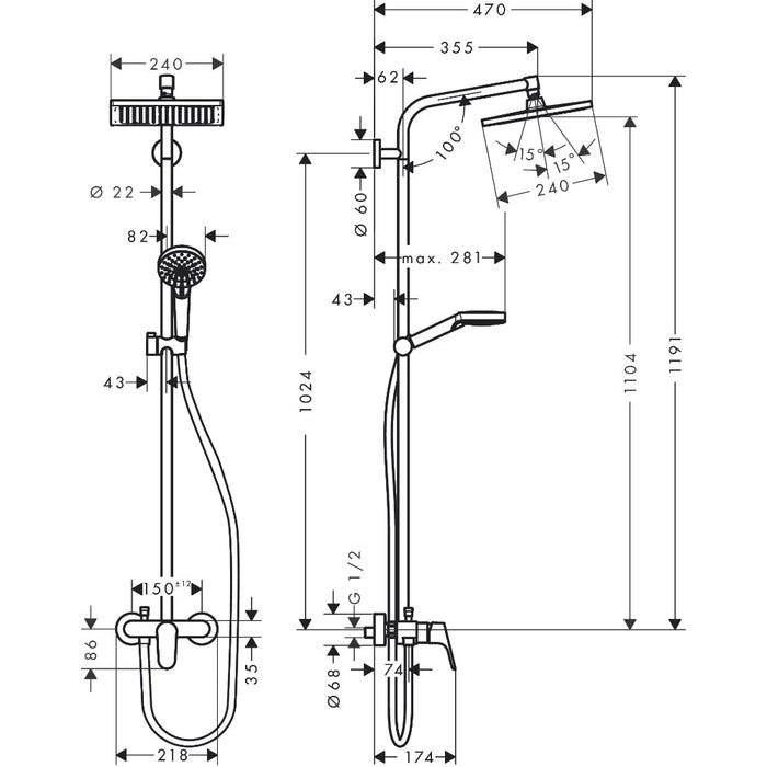 Hansgrohe Crometta E Showerpipe 240 1Jet with Manual Shower Mixer - Chrome - Unbeatable Bathrooms
