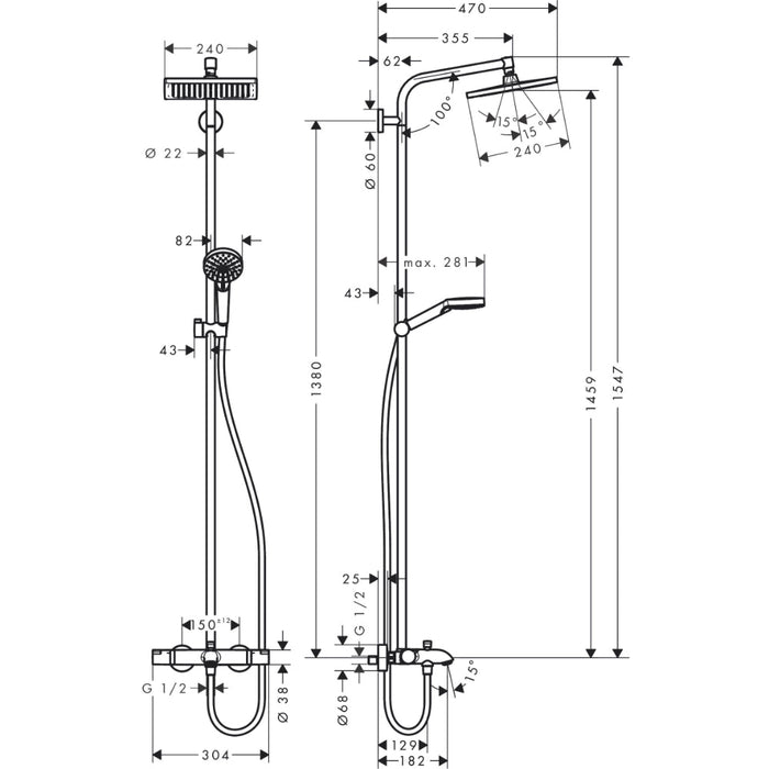 Hansgrohe Crometta E Showerpipe 240 1Jet with Thermostatic Bath Mixer - Chrome - Unbeatable Bathrooms