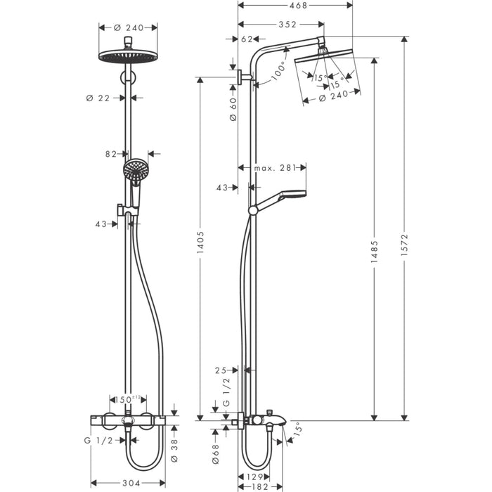 Hansgrohe Crometta S Showerpipe 240 1Jet with Thermostatic Bath Mixer - Chrome - Unbeatable Bathrooms