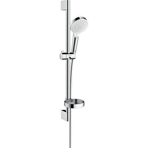 Hansgrohe Crometta Shower Set 100 Vario with Shower Rail 65 cm and Soap Dish - White/Chrome - Unbeatable Bathrooms