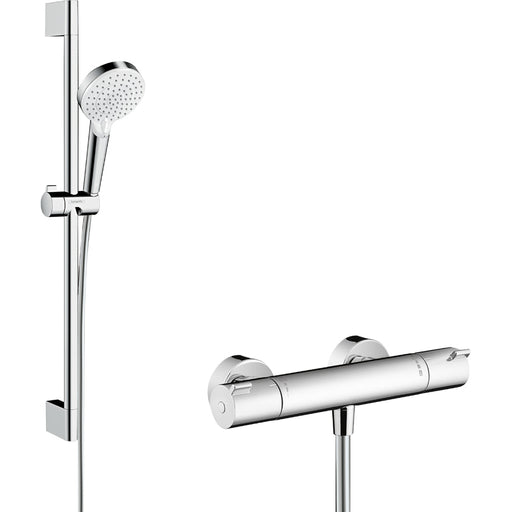 Hansgrohe Crometta Shower System 100 Vario with Ecostat 1001 Cl Thermostatic Mixer and Shower Rail 65 cm - White/Chrome - Unbeatable Bathrooms