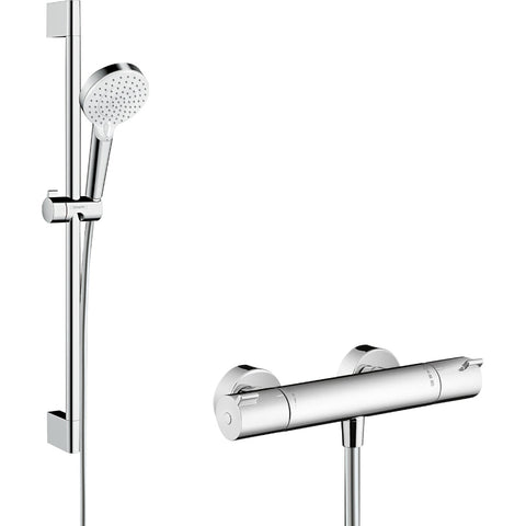 Hansgrohe Crometta Shower System 100 Vario with Ecostat 1001 Cl Thermostatic Mixer and Shower Rail 65 cm - White/Chrome - Unbeatable Bathrooms