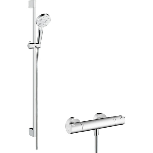 Hansgrohe Crometta Shower System 100 Vario with Ecostat 1001 Cl Thermostatic Mixer and Shower Rail 90 cm - White/Chrome - Unbeatable Bathrooms