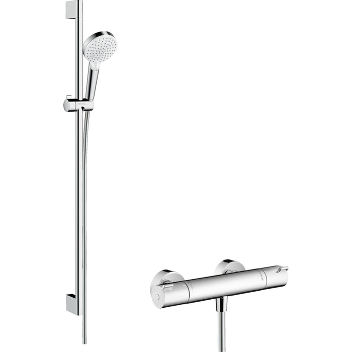 Hansgrohe Crometta Shower System 100 Vario with Ecostat 1001 Cl Thermostatic Mixer and Shower Rail 90 cm - White/Chrome - Unbeatable Bathrooms