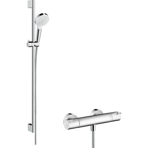 Hansgrohe Crometta Shower System 100 Vario with Ecostat 1001 Cl Thermostatic Mixer and Shower Rail 90 cm - White/Chrome - Unbeatable Bathrooms