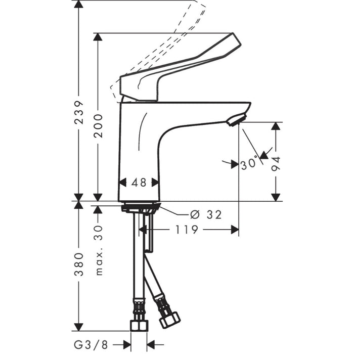 Hansgrohe Focus Single Lever Basin Mixer 100 Coolstart with Extra Long Handle Without Waste - Chrome - Unbeatable Bathrooms