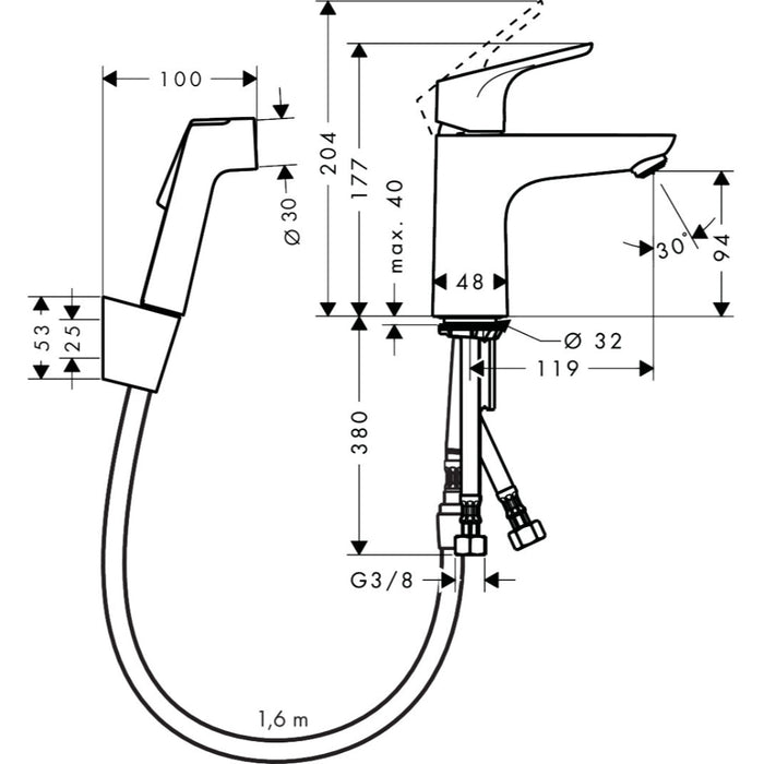 Hansgrohe Focus Single Lever Basin Mixer 100 with Bidet Spray and Shower Hose 160 cm - Chrome - Unbeatable Bathrooms
