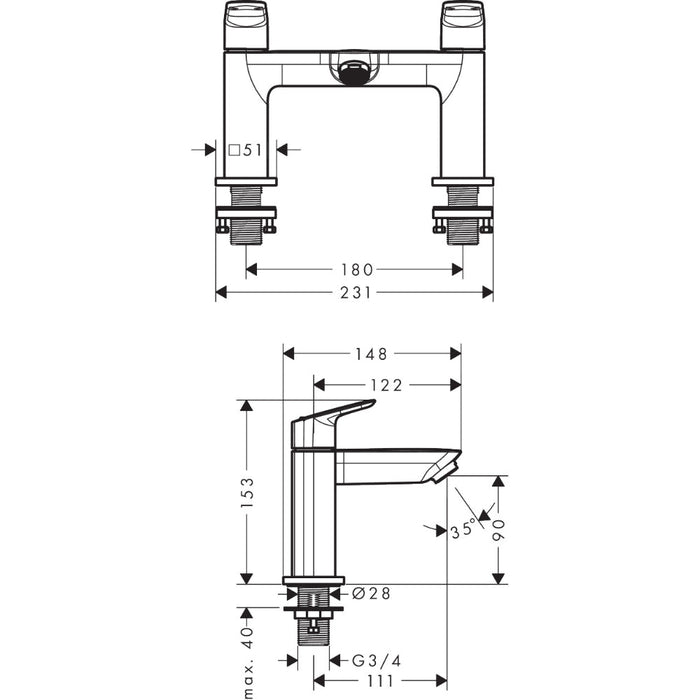 Hansgrohe Logis 2-Hole Rim Mounted Bath Mixer - Unbeatable Bathrooms