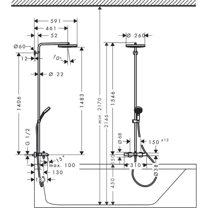 Hansgrohe Pulsify S Puro Showerpipe 260 1Jet Ecosmart with Bath Thermostat Ecostat Fine - Chrome - Unbeatable Bathrooms