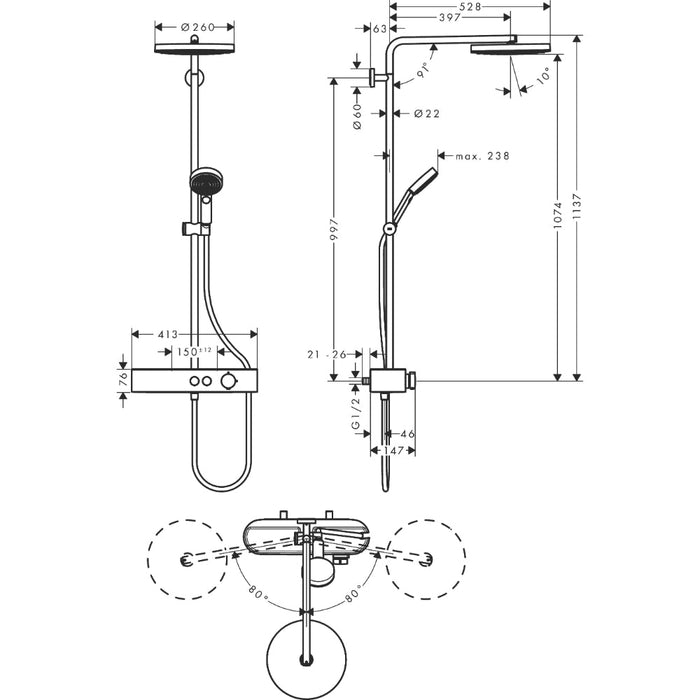 Hansgrohe Pulsify S Showerpipe 260 1Jet Ecosmart with Showertablet Select 400 - Unbeatable Bathrooms