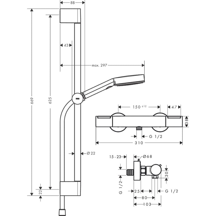 Hansgrohe Pulsify Select S Shower System 105 3Jet Relaxation Ecosmart with Ecostat Element, Shower Bar 65 cm, Hand Shower Holder and Shower Hose - Unbeatable Bathrooms