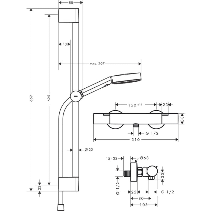 Hansgrohe Pulsify Select S Shower System 105 3Jet Relaxation Ecosmart with Ecostat Fine, Shower Bar 65 cm, Hand Shower Holder and Shower Hose - Unbeatable Bathrooms