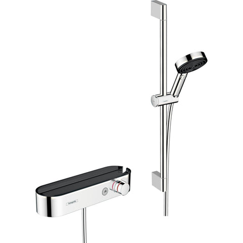 Hansgrohe Pulsify Select S Shower System 105 3Jet Relaxation with Showertablet 400, Shower Bar 65 cm, Slider and Shower Hose - Chrome - Unbeatable Bathrooms