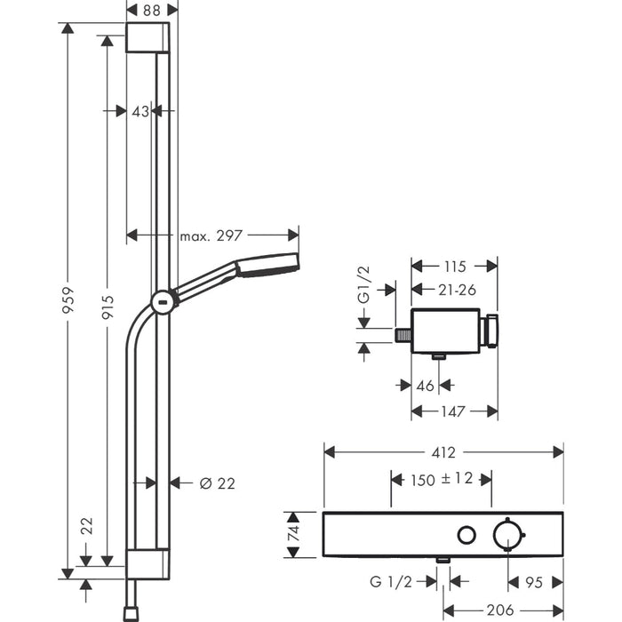 Hansgrohe Pulsify Select S Shower System 105 3Jet Relaxation with Showertablet 400, Shower Bar 90 cm, Slider and Shower Hose - Chrome - Unbeatable Bathrooms